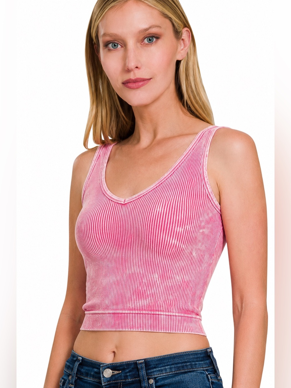 NWT Zenana Pink Ribbed Tank Top - Stretch Scoop Neck Crop - Picture 2 of 2